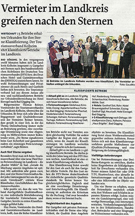Die Mittelbayrische Zeitung schrieb über die Verleihung von 5 Sternen durch den Tourismusverband Ostbayern